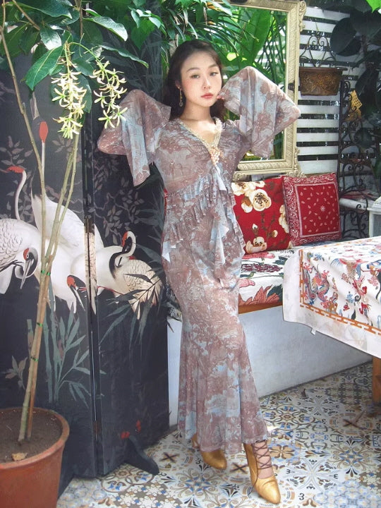 Ethereal Painting Garden Ruffle Dress