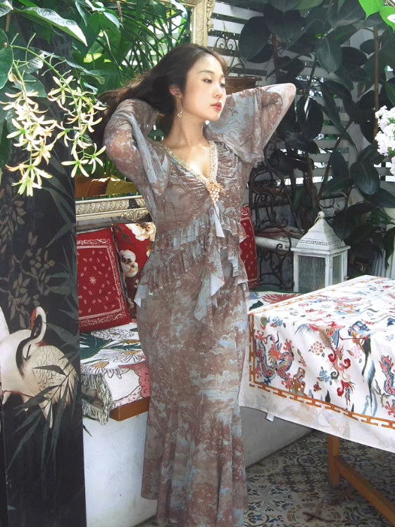 Ethereal Painting Garden Ruffle Dress