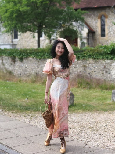 Vintage Tapestry Bloom Lace-Trim Dress