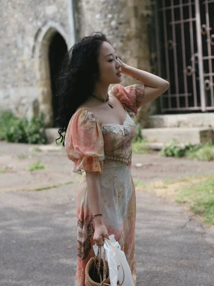 Vintage Tapestry Bloom Lace-Trim Dress