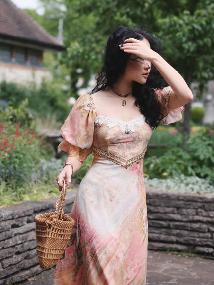 Vintage Tapestry Bloom Lace-Trim Dress