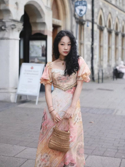 Vintage Tapestry Bloom Lace-Trim Dress