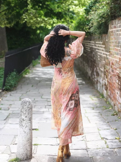 Vintage Tapestry Bloom Lace-Trim Dress