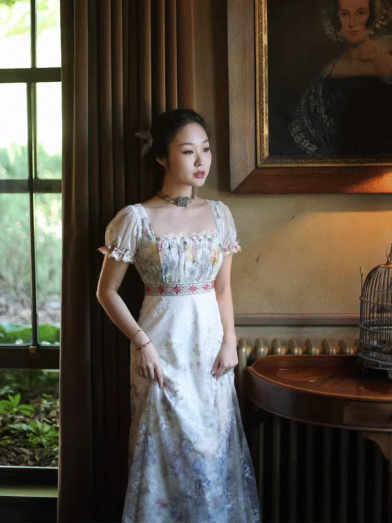 Lace Square-Neck Puff Sleeve Maxi Dress