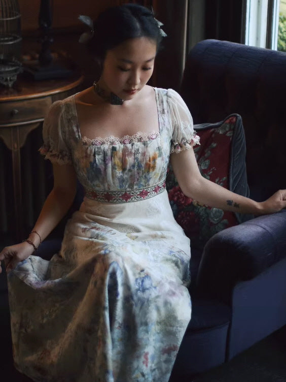 Lace Square-Neck Puff Sleeve Maxi Dress