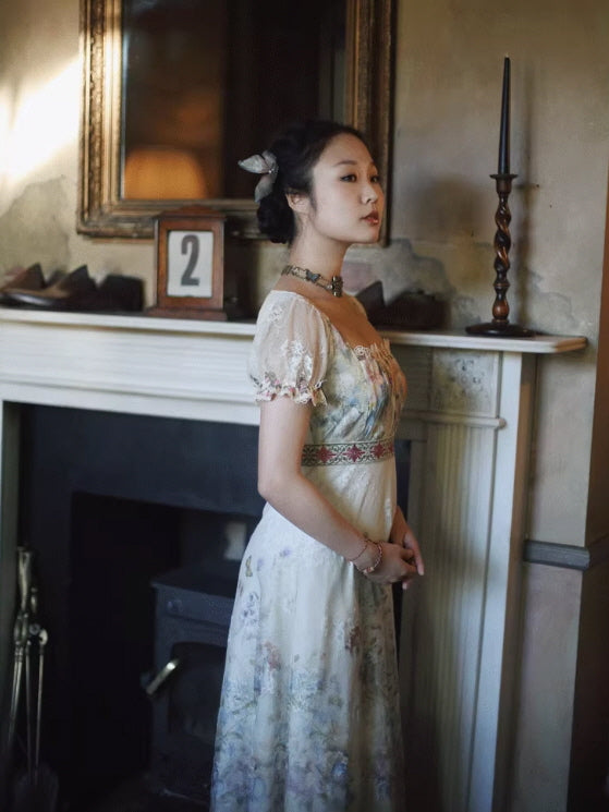 Lace Square-Neck Puff Sleeve Maxi Dress