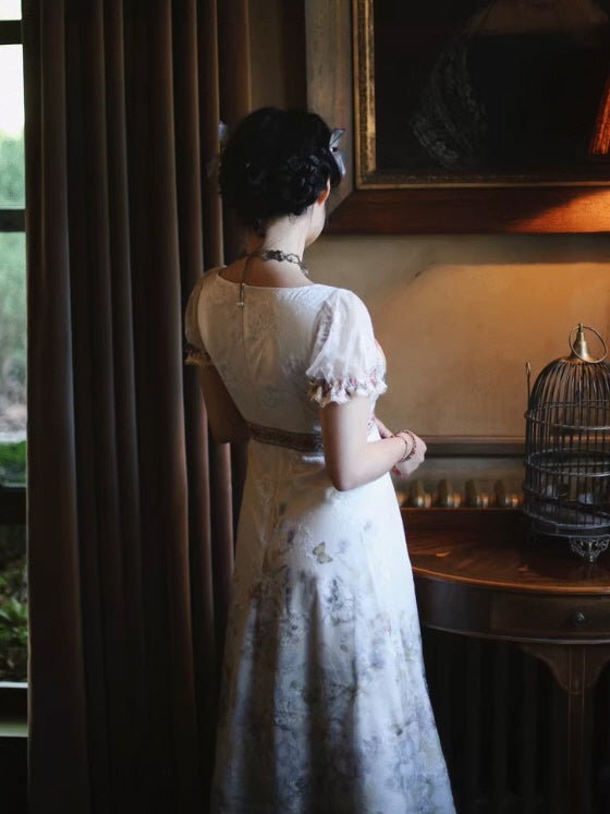 Lace Square-Neck Puff Sleeve Maxi Dress