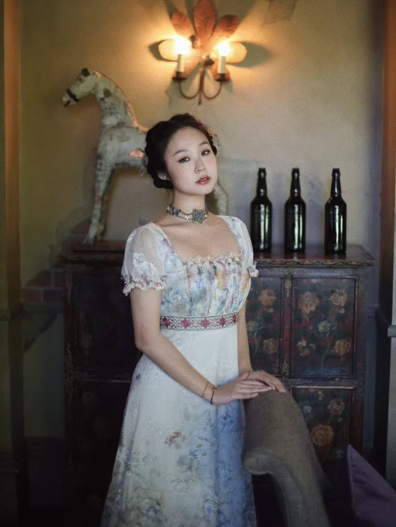 Lace Square-Neck Puff Sleeve Maxi Dress