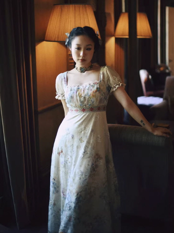 Lace Square-Neck Puff Sleeve Maxi Dress