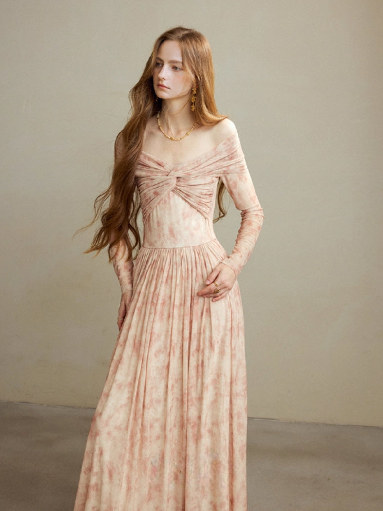 Blush Off-Shoulder Long Dress Vintage Draped Bodice & Flowing Skirt | Cottagecore Aesthetic Outfit Blush Off-Shoulder Long Dress Vintage Draped Bodice & Flowing Skirt | Cottagecore Aesthetic Outfit