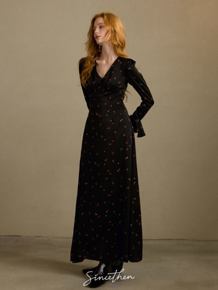 Midnight Petal Vintage Charm Maxi Dress