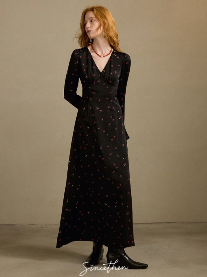 Midnight Petal Vintage Charm Maxi Dress