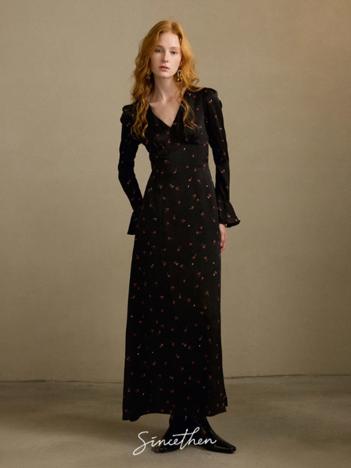 Midnight Petal Vintage Charm Maxi Dress