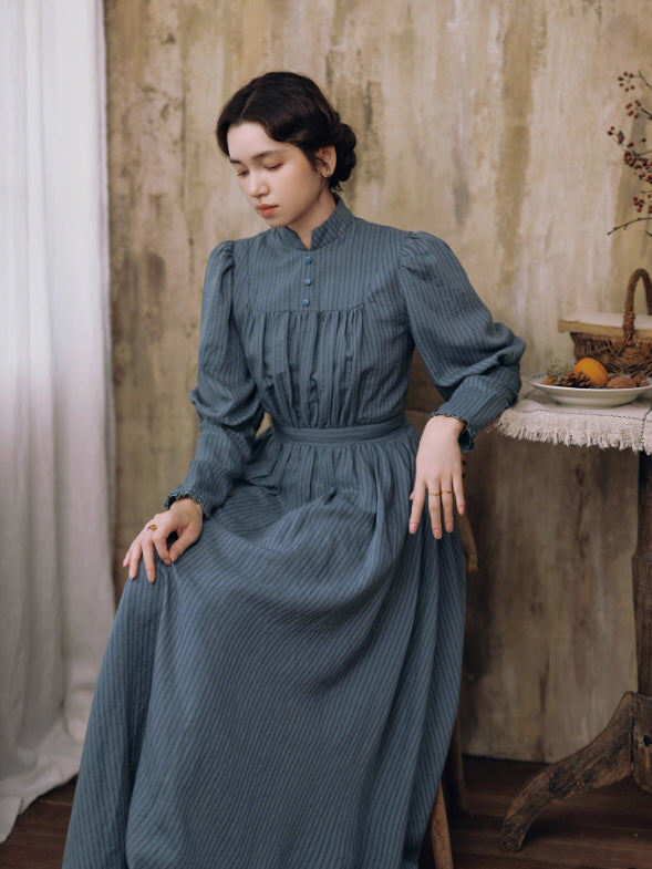Blue Pinstripe Prairie Dress | Vintage High-Neck Long Dress Cottagecore Fairycore Aesthetic Outfit Blue Pinstripe Prairie Dress | Vintage High-Neck Long Dress Cottagecore Fairycore Aesthetic Outfit