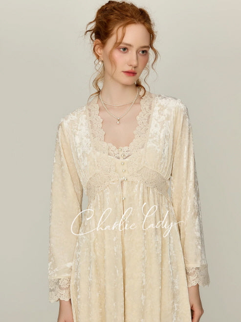 Ivory lace trim velvet nightgown set - princesscore | cottagecore aesthetic outfit XL Ivory lace trim velvet nightgown set - princesscore | cottagecore aesthetic outfit XL