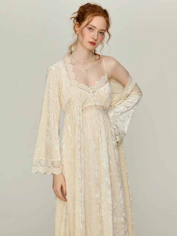 Ivory Velvet Garden Lace Nightgown Set