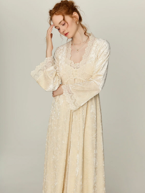 Ivory Velvet Garden Lace Nightgown Set