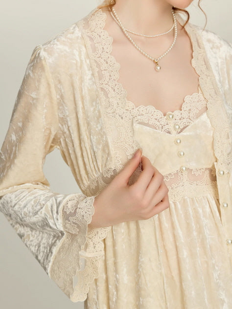 Ivory Velvet Garden Lace Nightgown Set