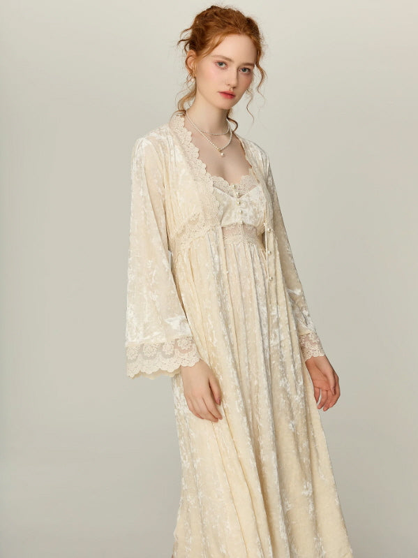 Ivory Velvet Garden Lace Nightgown Set