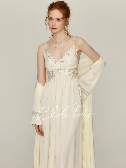 Model wearing ivory floral lace nightgown with sheer waist and flowing skirt, romantic princesscore loungewear from Romantic Fairytale.