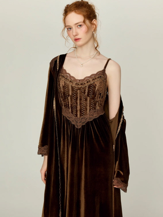 Moonlit Chocolate Lace Corset Nightgown & Robe