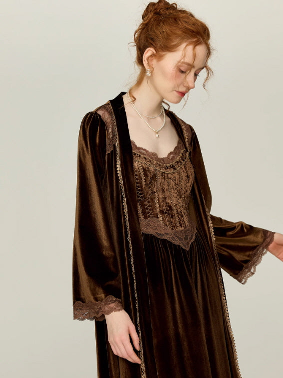 Moonlit Chocolate Lace Corset Nightgown & Robe