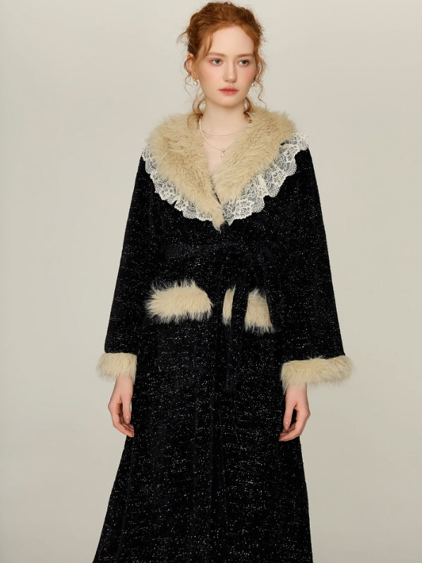 Midnight Lace Slip Nightgown & Faux Fur Trim Robe