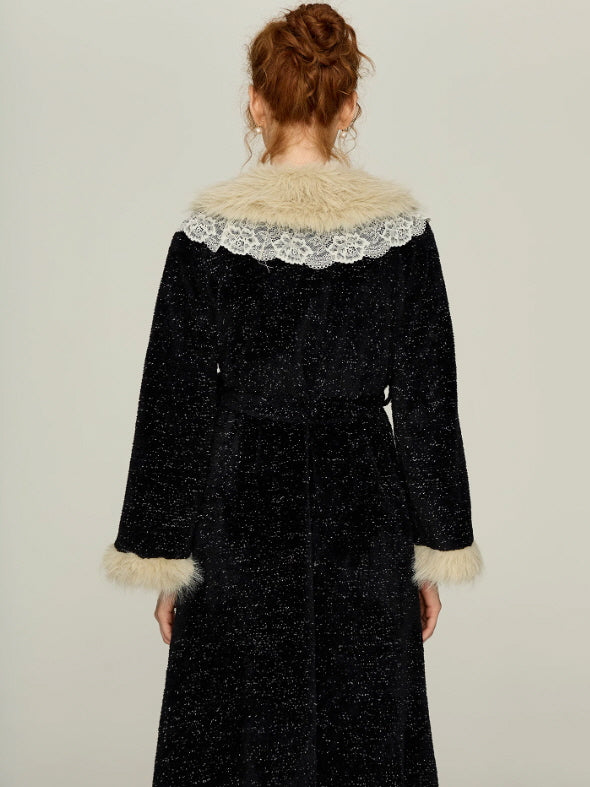 Midnight Lace Slip Nightgown & Faux Fur Trim Robe