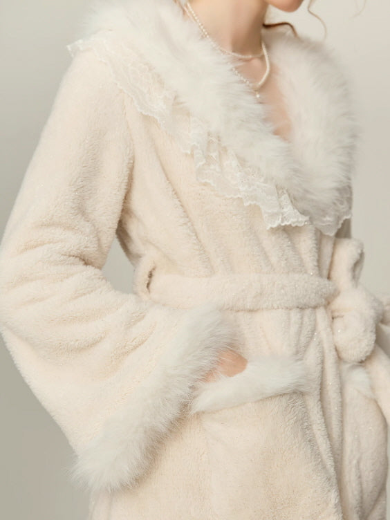 Snowy Lace Dream Slip Nightgown & Faux Fur Collar Robe