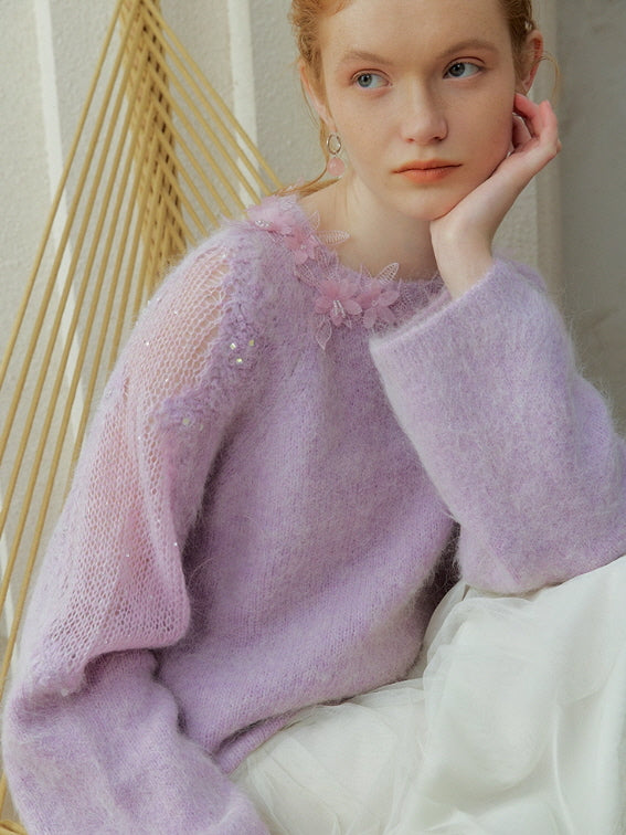 Lilac alpaca-blend knit top with sheer lace shoulder detail and soft brushed texture, styled with a tulle skirt for a fairycore cottagecore aesthetic outfit.