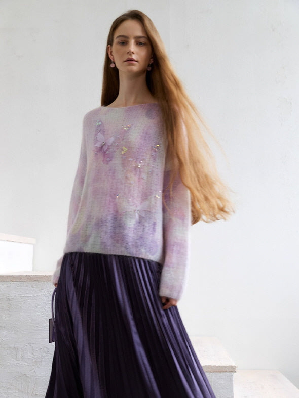 Vintage-inspired pastel knit top paired with a flowing pleated skirt, featuring butterfly details and a gentle watercolor texture for a fairycore and cottagecore outfit.