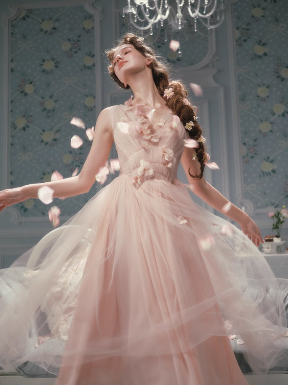 open lace back dress Blush Floral Tulle Dress – Petal Detail Princesscore