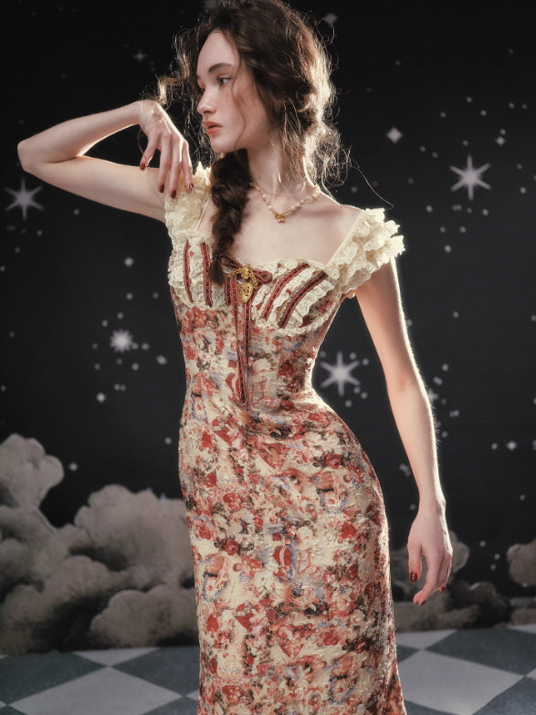 Vintage floral corset dress with lace-trimmed straps and structured bodice, styled in a romantic fairycore aesthetic against a dreamy starry backdrop.