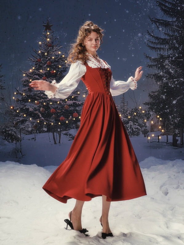 A romantic vintage-inspired red corset dress with a lace-up bodice and flowing skirt, styled with a white blouse, photographed in a snowy fairytale winter setting with soft lights and classic feminine elegance.