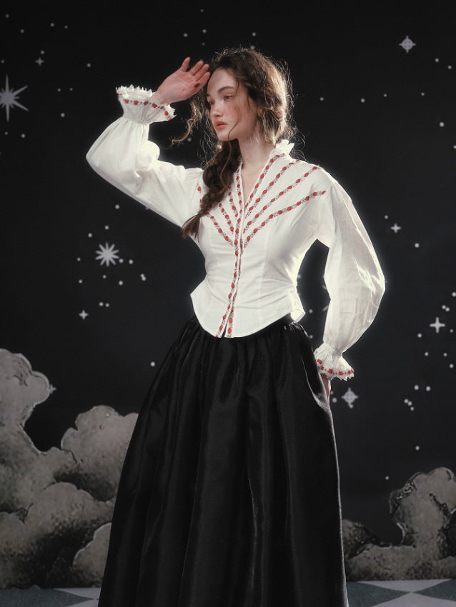 Ivory Ribbon-Embroidered Romantic Blouse