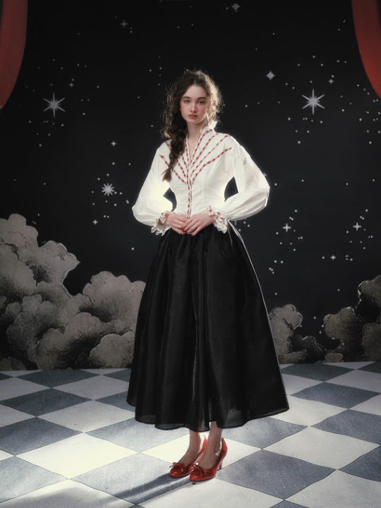 Ivory Ribbon-Embroidered Romantic Blouse