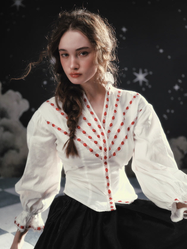 Ivory Ribbon-Embroidered Romantic Blouse