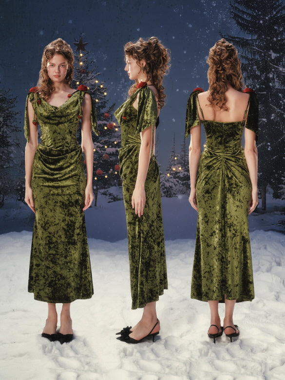 Olive Rose Draped Velvet Dress