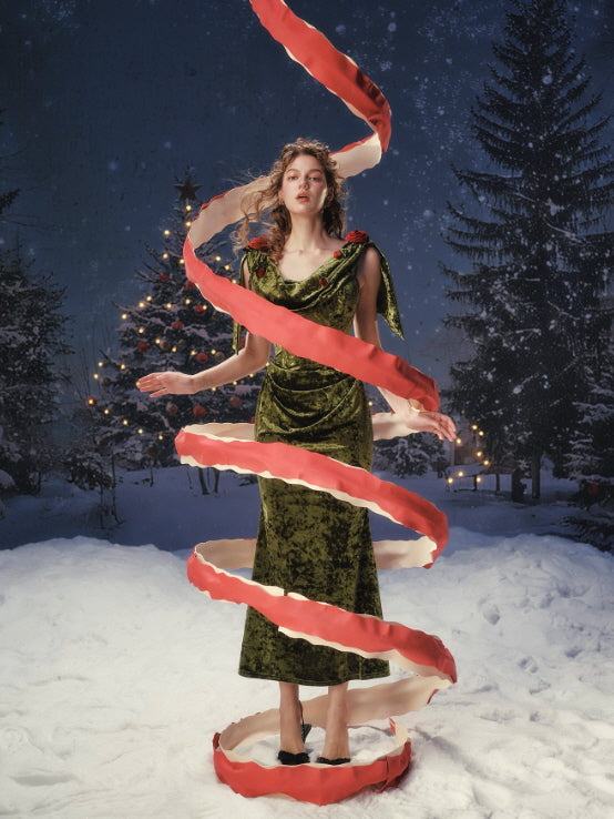 Olive Rose Draped Velvet Dress