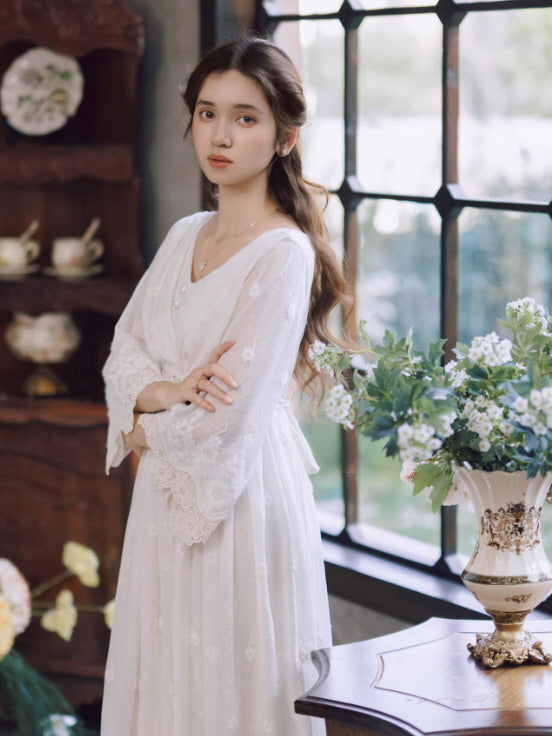 romantic fairycore white lace cottagecore dress, vintage princess aesthetic outfit