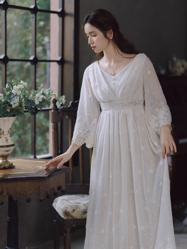 romantic cottagecore white lace dress, fairycore vintage long sleeve princess dress
