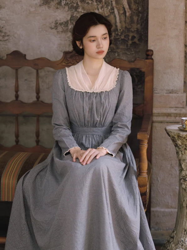 vintage cottagecore long sleeve gray prairie dress with high waist and classic retro silhouette