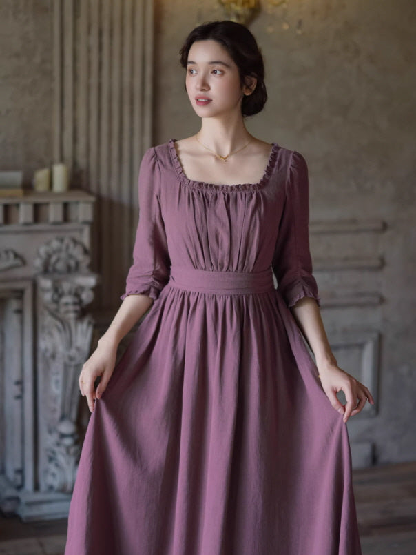 Romantic vintage cotton dress with square neckline and voluminous skirt in dusty rose tone, cottagecore princess style long dress for women