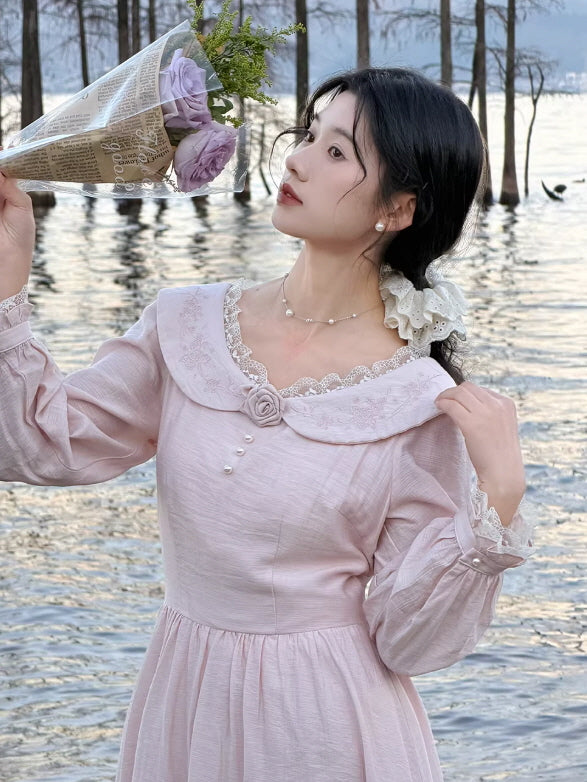 Romantic cottagecore pink dress with vintage lace collar and floral detail, soft fairycore aesthetic long sleeve dress by the lake