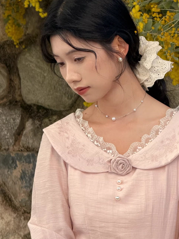 Vintage inspired pink prairie dress with embroidered collar and delicate lace neckline, romantic cottagecore feminine style dress