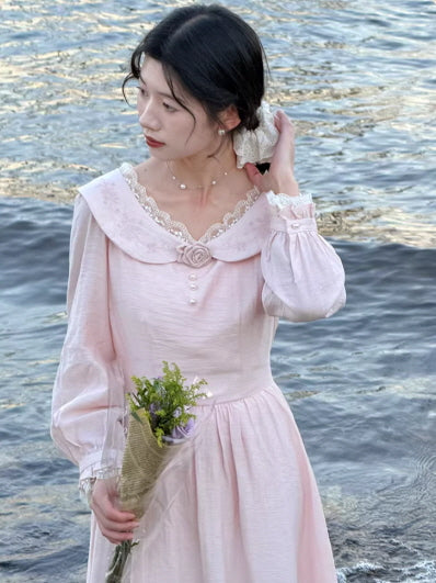 Vintage Embroidered Pink Cottagecore Dress
