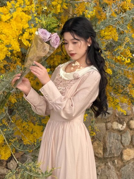 Rosette Collar Blush Pink Cottagecore Dress