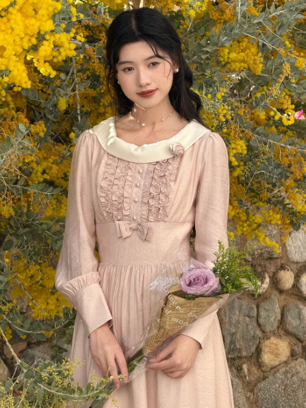 rosette long sleeve dress Blush Pink Cottagecore Dress with Rosette Collar
