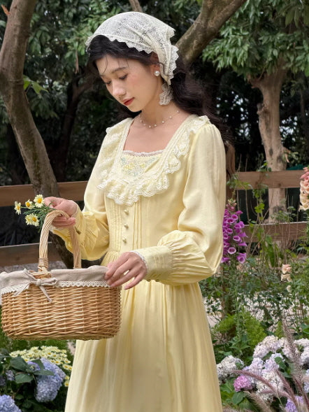 chinese dress ladies Buttercream Yellow Cottagecore Dress with Lace