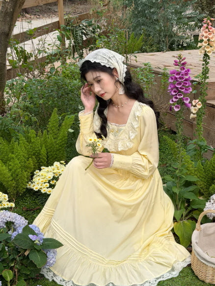 Soft pastel yellow prairie dress with flowing skirt and lace bodice, dreamy cottagecore garden aesthetic fashion